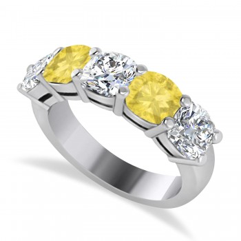 Cushion Yellow & White Diamond Five Stone Ring 14k White Gold (2.50ct)