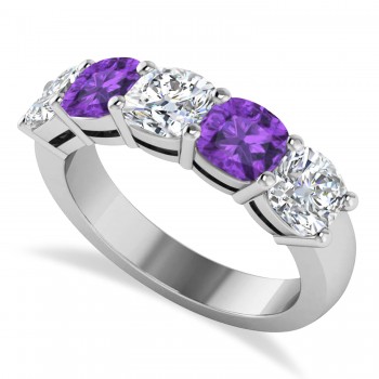 Cushion Diamond & Amethyst Five Stone Ring 14k White Gold (4.05ct)