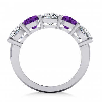 Cushion Diamond & Amethyst Five Stone Ring 14k White Gold (4.05ct)