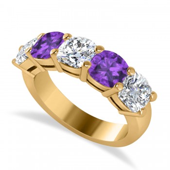 Cushion Diamond & Amethyst Five Stone Ring 14k Yellow Gold (4.05ct)