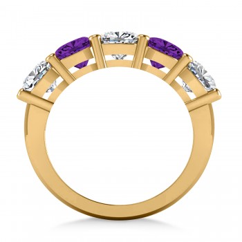 Cushion Diamond & Amethyst Five Stone Ring 14k Yellow Gold (4.05ct)