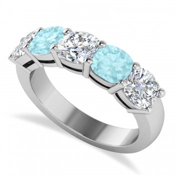 Cushion Diamond & Aquamarine Five Stone Ring 14k White Gold (4.05ct)