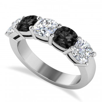 Cushion Black & White Diamond Five Stone Ring 14k White Gold (3.75ct)