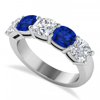 Cushion Diamond & Blue Sapphire Five Stone Ring 14k White Gold (4.05ct)