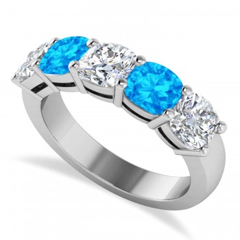 Cushion Diamond & Blue Topaz Five Stone Ring 14k White Gold (4.05ct)