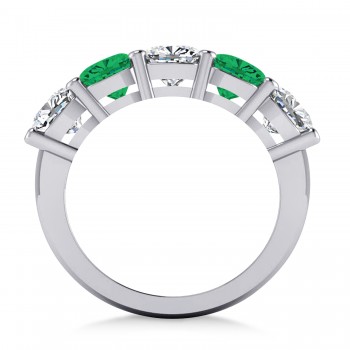 Cushion Diamond & Emerald Five Stone Ring 14k White Gold (4.05ct)