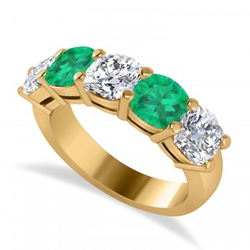 Cushion Diamond & Emerald Five Stone Ring 14k Yellow Gold (4.05ct)