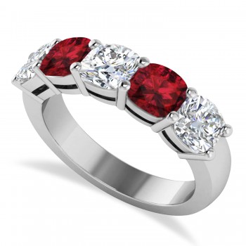 Cushion Diamond & Garnet Five Stone Ring 14k White Gold (4.05ct)