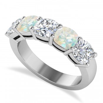 Cushion Diamond & Opal Five Stone Ring 14k White Gold (4.05ct)