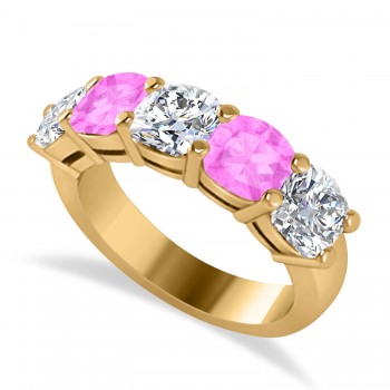 Cushion Diamond & Pink Sapphire Five Stone Ring 14k Yellow Gold (4.05ct)