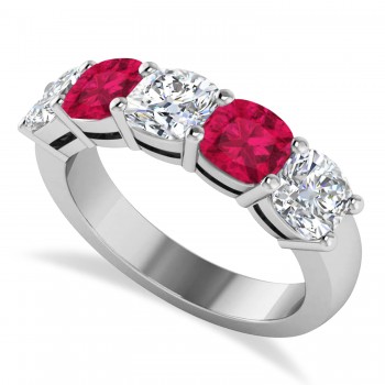 Cushion Diamond & Ruby Five Stone Ring 14k White Gold (4.05ct)