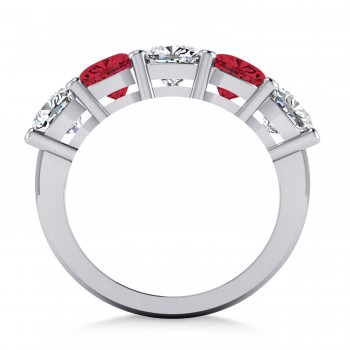 Cushion Diamond & Ruby Five Stone Ring 14k White Gold (4.05ct)