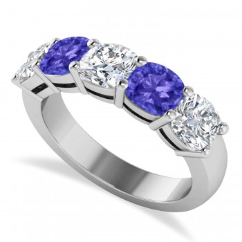 Cushion Diamond & Tanzanite Five Stone Ring 14k White Gold (4.05ct)