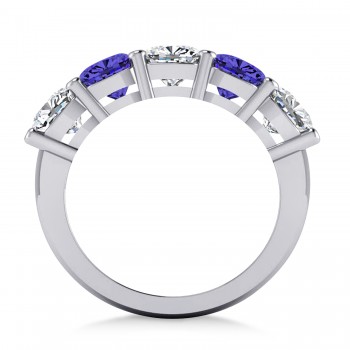 Cushion Diamond & Tanzanite Five Stone Ring 14k White Gold (4.05ct)