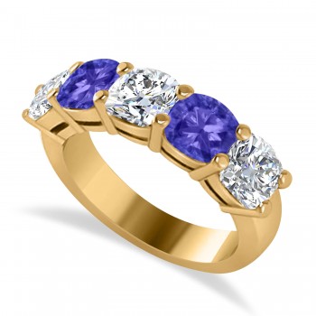 Cushion Diamond & Tanzanite Five Stone Ring 14k Yellow Gold (4.05ct)