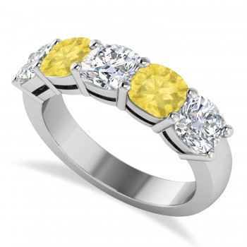 Cushion Yellow & White Diamond Five Stone Ring 14k White Gold (3.75ct)
