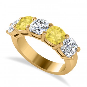 Cushion Yellow & White Diamond Five Stone Ring 14k Yellow Gold (3.75ct)