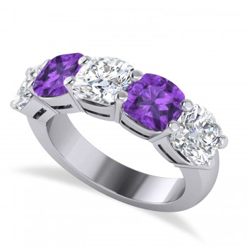 Cushion Diamond & Amethyst Five Stone Ring 14k White Gold (5.20ct)