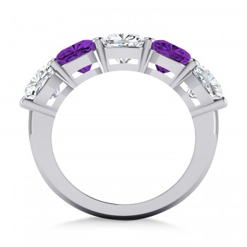 Cushion Diamond & Amethyst Five Stone Ring 14k White Gold (5.20ct)