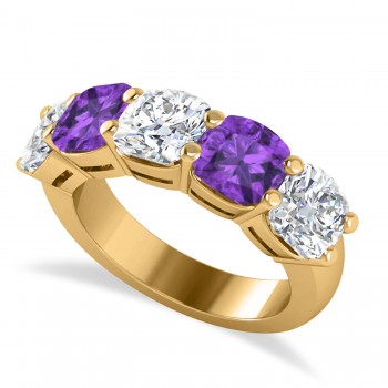 Cushion Diamond & Amethyst Five Stone Ring 14k Yellow Gold (5.20ct)