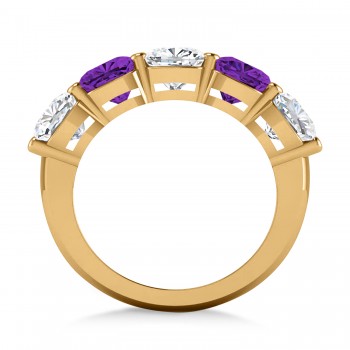 Cushion Diamond & Amethyst Five Stone Ring 14k Yellow Gold (5.20ct)