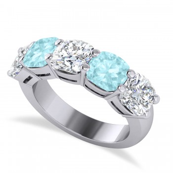 Cushion Diamond & Aquamarine Five Stone Ring 14k White Gold (5.20ct)