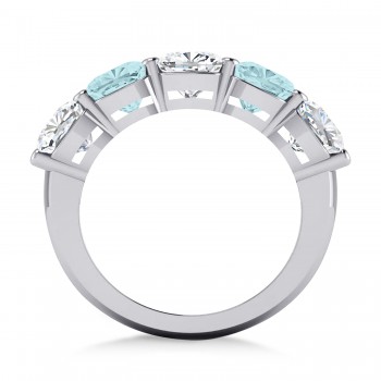 Cushion Diamond & Aquamarine Five Stone Ring 14k White Gold (5.20ct)