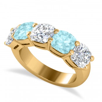 Cushion Diamond & Aquamarine Five Stone Ring 14k Yellow Gold (5.20ct)