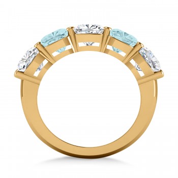 Cushion Diamond & Aquamarine Five Stone Ring 14k Yellow Gold (5.20ct)