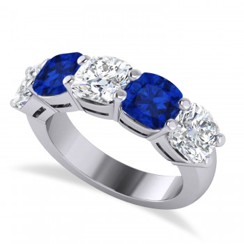 Cushion Diamond & Blue Sapphire Five Stone Ring 14k White Gold (5.20ct)