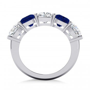 Cushion Diamond & Blue Sapphire Five Stone Ring 14k White Gold (5.20ct)