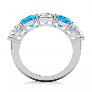 Cushion Diamond & Blue Topaz Five Stone Ring 14k White Gold (5.20ct)