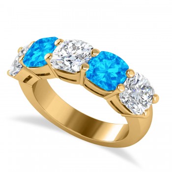 Cushion Diamond & Blue Topaz Five Stone Ring 14k Yellow Gold (5.20ct)