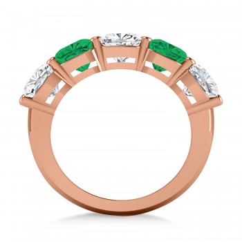 Cushion Diamond & Emerald Five Stone Ring 14k Rose Gold (5.20ct)