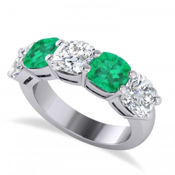 Cushion Diamond & Emerald Five Stone Ring 14k White Gold (5.20ct)