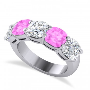 Cushion Diamond & Pink Sapphire Five Stone Ring 14k White Gold (5.20ct)