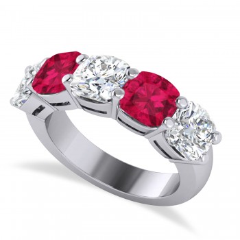 Cushion Diamond & Ruby Five Stone Ring 14k White Gold (5.20ct)