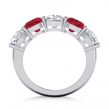 Cushion Diamond & Ruby Five Stone Ring 14k White Gold (5.20ct)