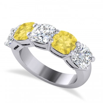 Cushion Yellow & White Diamond Five Stone Ring 14k White Gold (5.00ct)