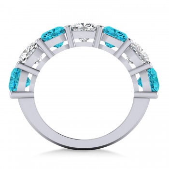 Cushion Blue & White Diamond Seven Stone Ring 14k White Gold (5.25ct)