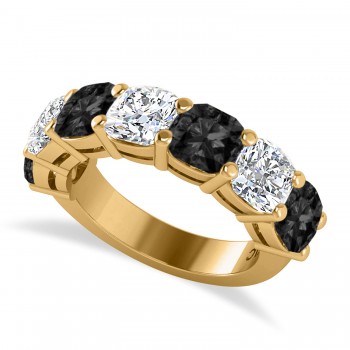 Cushion Black & Lab White Diamond Seven Stone Ring 14k Yellow Gold (5.25ct)