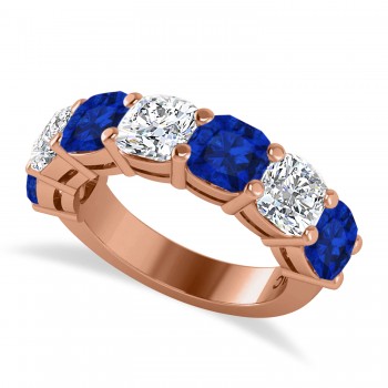 Cushion Lab Grown Diamond & Lab Blue Sapphire Seven Stone Ring 14k Rose Gold (5.85ct)