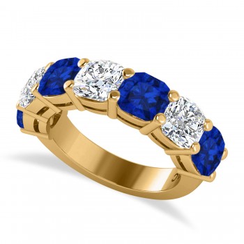 Cushion Lab Grown Diamond & Lab Blue Sapphire Seven Stone Ring 14k Yellow Gold (5.85ct)