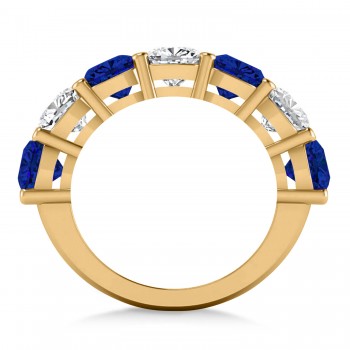 Cushion Lab Grown Diamond & Lab Blue Sapphire Seven Stone Ring 14k Yellow Gold (5.85ct)