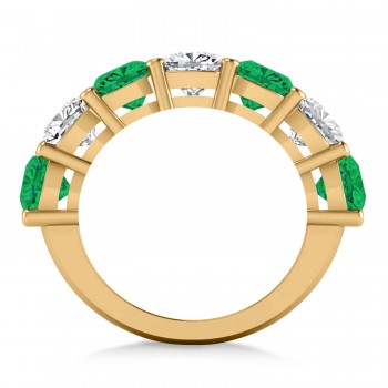 Cushion Diamond & Emerald Seven Stone Ring 14k Yellow Gold (5.85ct)