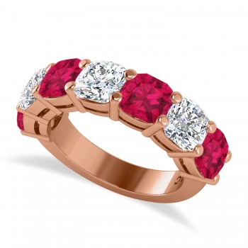 Cushion Lab Grown Diamond & Lab Ruby Seven Stone Ring 14k Rose Gold (5.85ct)