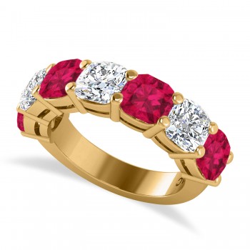 Cushion Lab Grown Diamond & Lab Ruby Seven Stone Ring 14k Yellow Gold (5.85ct)
