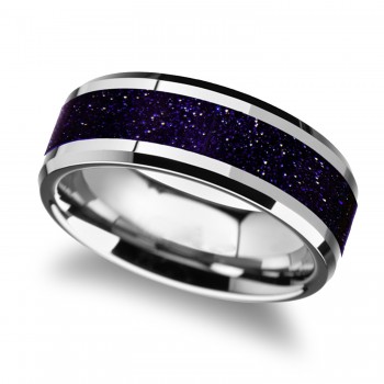 Beveled Tungsten Wedding Band w/ Purple & Black Goldstone Inlay (8MM)