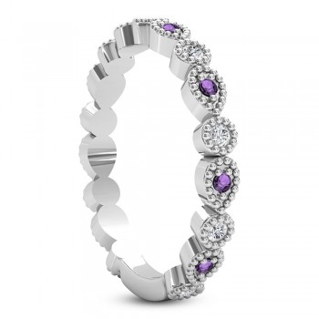 Alternating Diamond & Amethyst Wedding Band 14k White Gold (0.21ct)