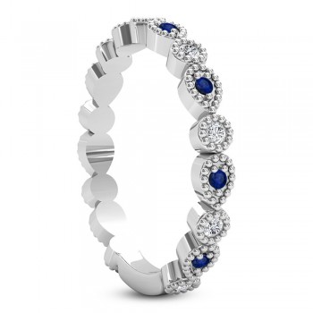 Alternating Diamond & Blue Sapphire Wedding Band 14k White Gold (0.21ct)